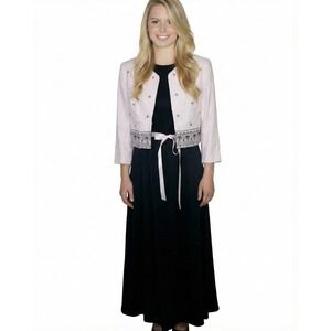 Kim Rogers Linen Blend Dress Suit Womens 10 Two Piece Set Black Pink Embroidered